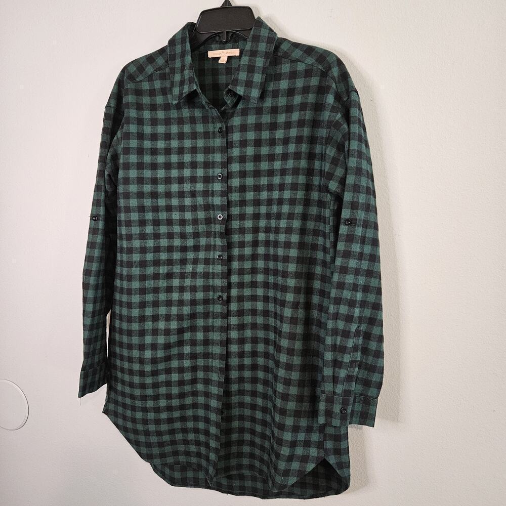 Gibson Latimer Long Flannel Shirt Green Black Plaid Hi-low Hem Roll Tab Sleeve S